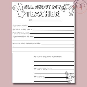 Todo sobre mi profesor (imprimible), Semana del profesor, Encuesta para profesores, Cuestionario para profesores de alumnos, Regalo de fin de curso, Descarga instantánea