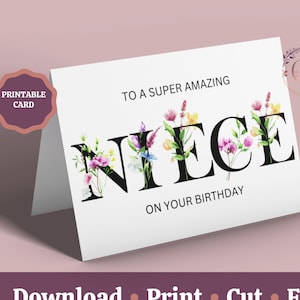 Feliz cumpleaños sobrina, tarjeta imprimible de cumpleaños para sobrina, tarjeta floral de cumpleaños para mujer, descarga instantánea, tarjeta para sobrina de tía, tarjeta PDF