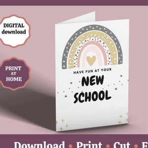 Eerste schooldag afdrukbare wenskaart, startschoolkaart, veel plezier op je nieuwe school, gelukskaart, direct downloaden