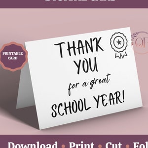 Cartão imprimível de agradecimento do professor, cartão do professor, final da escola, obrigado por um ótimo cartão de ano escolar, cartão digital