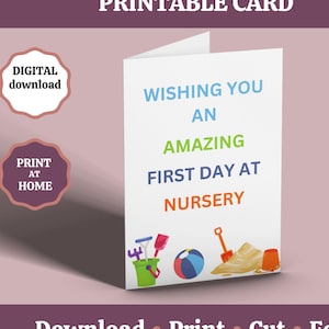 Cartão do primeiro dia de aula para impressão, volta às aulas, cartão de boa sorte do berçário, novo cartão escolar, início da escola, download digital