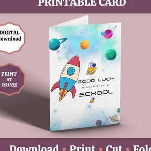 Eerste schooldag afdrukbare wenskaart, terug naar school downloadbaar, startschoolkaart, ruimtethema gelukskaart, instant download