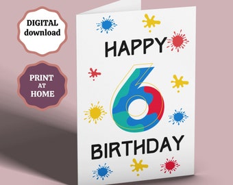 Tarjeta de sexto cumpleaños, tarjeta imprimible de feliz sexto cumpleaños, tarjeta de cumpleaños de 6 años para niños, tarjeta para cumpleaños de niños con paintball, descarga digital