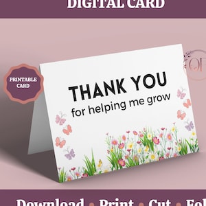 Obrigado por me ajudar a crescer Cartão de professor para impressão, Cartões de final de ano para professores, Cartão de agradecimento de final de período para professor, digital