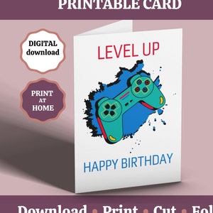 Carte d'anniversaire imprimable Level Up Gamer, carte d'anniversaire pour adolescent, carte d'anniversaire de jeu pour enfants fils petit-fils neveu, carte numérique Gamer