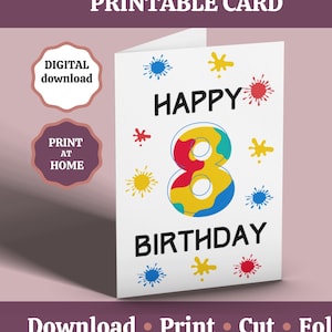 8e verjaardagskaart, afdrukbare Happy 8-verjaardagskaart, 8-jarige verjaardagskaart voor jongens, paintballthema, kinderen kind verjaardag digitale download