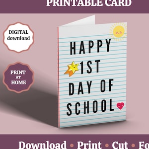 Biglietto d’auguri stampabile Happy 1st Day of School, biglietto di inizio scuola, biglietto di buona fortuna, nuova classe, download istantaneo del primo giorno di scuola