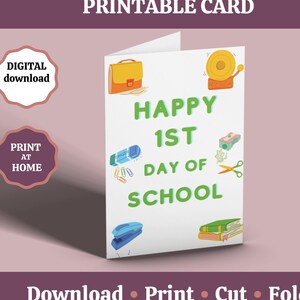 Cartão comemorativo para impressão de feliz primeiro dia de aula, cartão de início de aula, cartão de boa sorte, nova turma, primeiro dia de aula download instantâneo