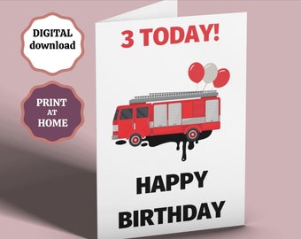 Printable 3 Today Fire Engine Birthday Card, Happy 3rd Birthday Card, 3 Year Old Card, Third Birthday, For Son Nephew Grandson, Digital Card