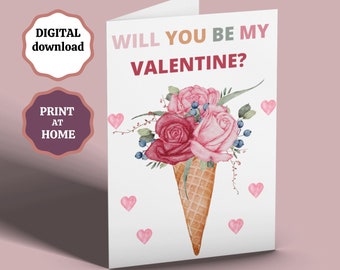 Printable Will You Be My Valentine?,  Valentines Day Card, Be My Valentine Card, Anniversary Card, Romantic Valentine Card Instant Download