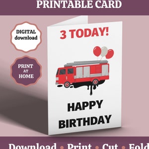 Printable 3 Today Fire Engine Birthday Card, Happy 3rd Birthday Card, 3 Year Old Card, Third Birthday, For Son Nephew Grandson, Digital Card