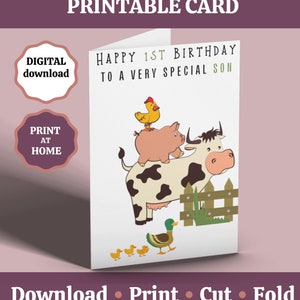 Verjaardagskaart zoon, afdrukbare boerderijverjaardagskaart, boerderijdierenkaart, voor zoon, 1-jarige, 1e verjaardagskaart, peuterverjaardag, digitale kaart