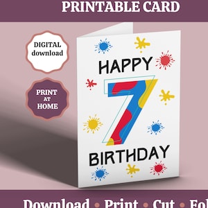 Cartão de 7º aniversário, cartão de feliz 7º aniversário para impressão, cartão de aniversário de 7 anos para meninos, paintball, cartão de aniversário com respingos de tinta, digital