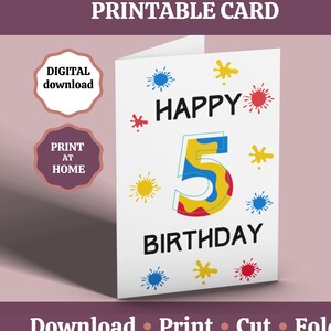Carte de 5e anniversaire, carte de joyeux 5e anniversaire imprimable, carte d'anniversaire de 5 ans pour garçons, carte pour anniversaire d'enfants de paintball, téléchargement numérique