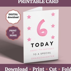 Granddaughter Birthday Card, 6th Birthday Card, Printable 6th Birthday Card Girl, 6 Today Girls Card, 6 Year Old Card Girl, Digital Card