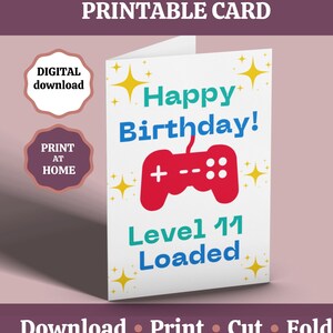 Carte d’anniversaire de 11 ans imprimable numérique, carte de jeu vidéo du 11e anniversaire, carte chargée de niveau de contrôleur de jeu de 11 ans pour enfants, téléchargement numérique