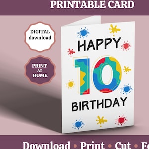 Cartão de aniversário de 10 anos, cartão de feliz aniversário de 10 anos para impressão, cartão de aniversário de 10 anos para filho, irmão, neto, sobrinho, primo, download digital