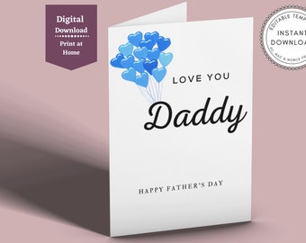 Daddy Father's Day Card Printable, Daddy Card, Card for Daddy, Card from Son Daughter, Blue Heart, Dad Card,Digital Download