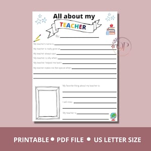 Teacher Appreciation Week Printable, Teacher Survey, Teacher Thank You, All About My Teacher, Teacher Colouring Page, Teacher Coloring Page