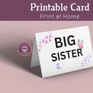 Faire-part grande soeur imprimable, carte de révélation de grossesse pour soeur, carte d'anniversaire pour soeur, carte de correspondance, téléchargement immédiat