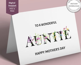 Editable Mother's Day Card for Auntie, Happy Mother's Day Card, Auntie Card, Card for Her, Female Card, Floral Flower, Digital Download