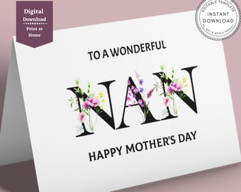 Editable Nan Mothers Day Card, Happy Mother's Day Card, Nan Card, Card for Her, Female Card, Floral Flower, Digital Download