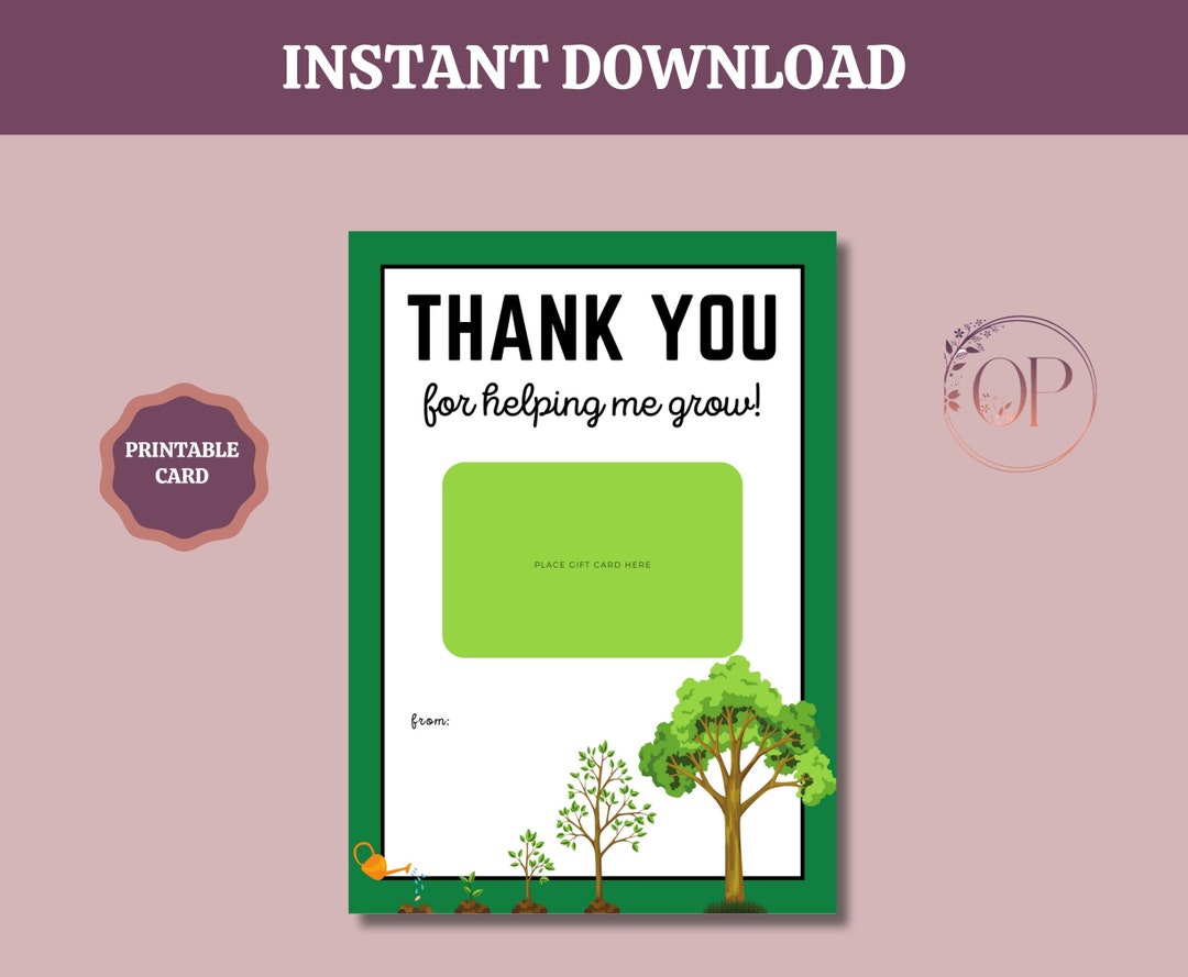 Tree Gift Card Holder Printable, Thank You for Helping Me Grow, DIY Gift Card Holder, Stocking
