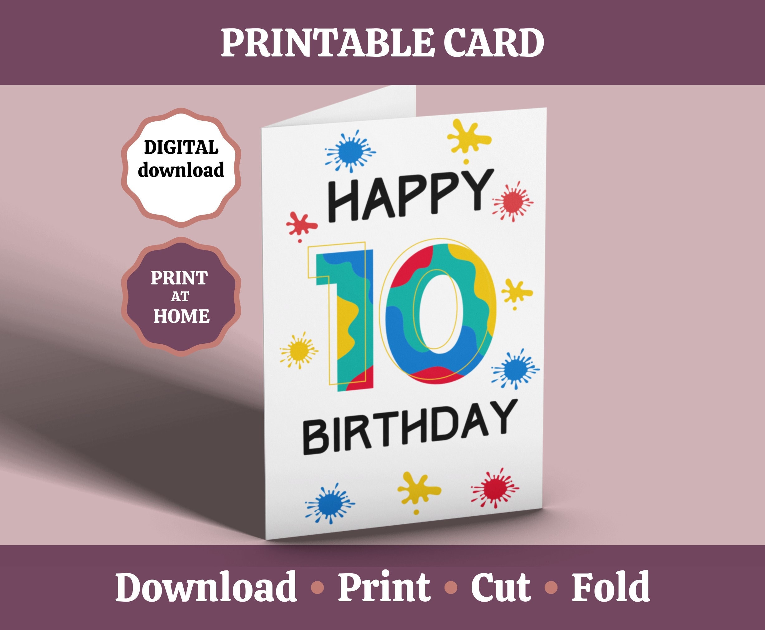 10th Birthday Card, Printable Happy 10th Birthday Card, 10 Year Old