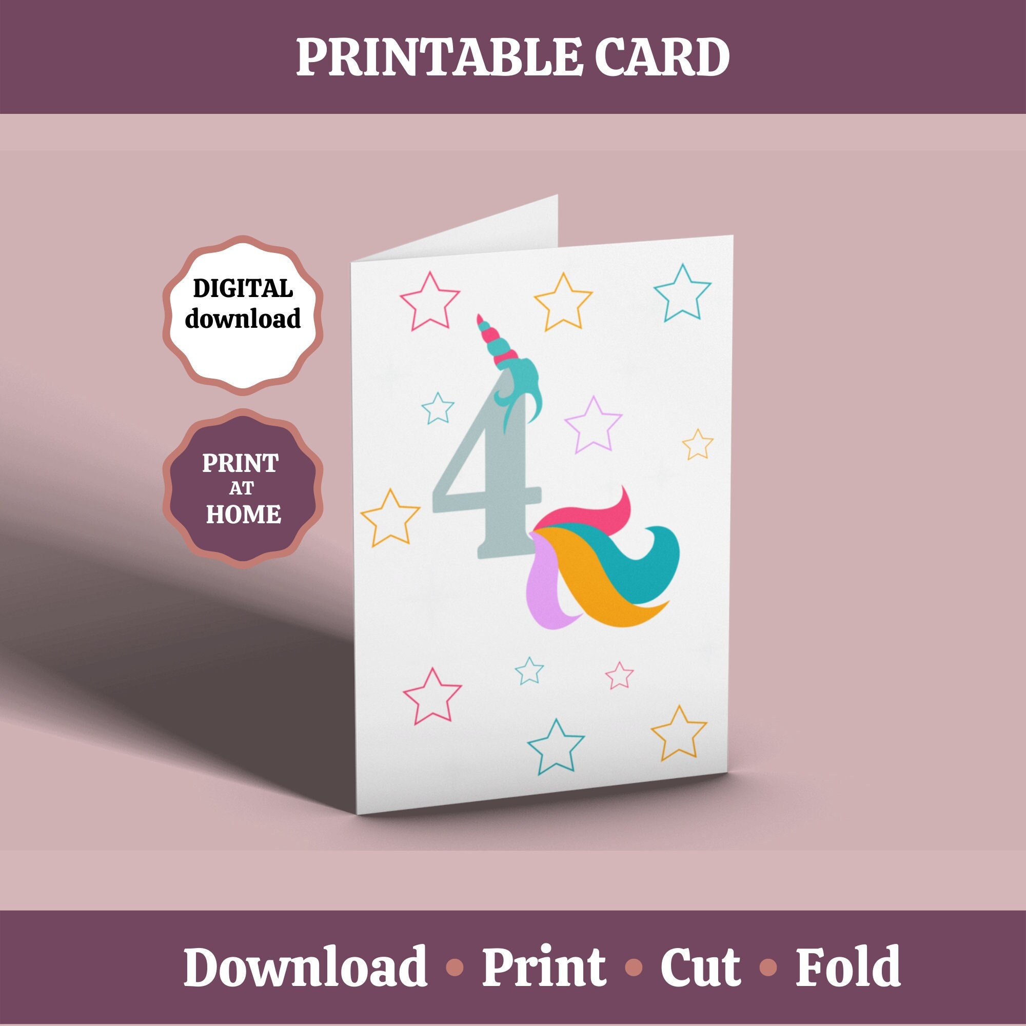 4th Birthday Card Printable, Unicorn Birthday Card, 4 Year Old Birthday ...