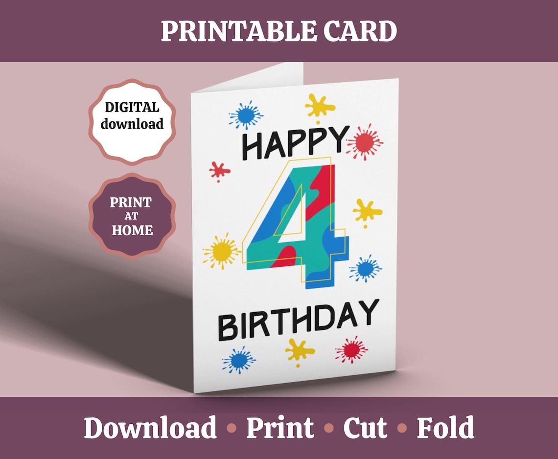 4th Birthday Card Printable Happy 4th Birthday Card 4 Year Etsy