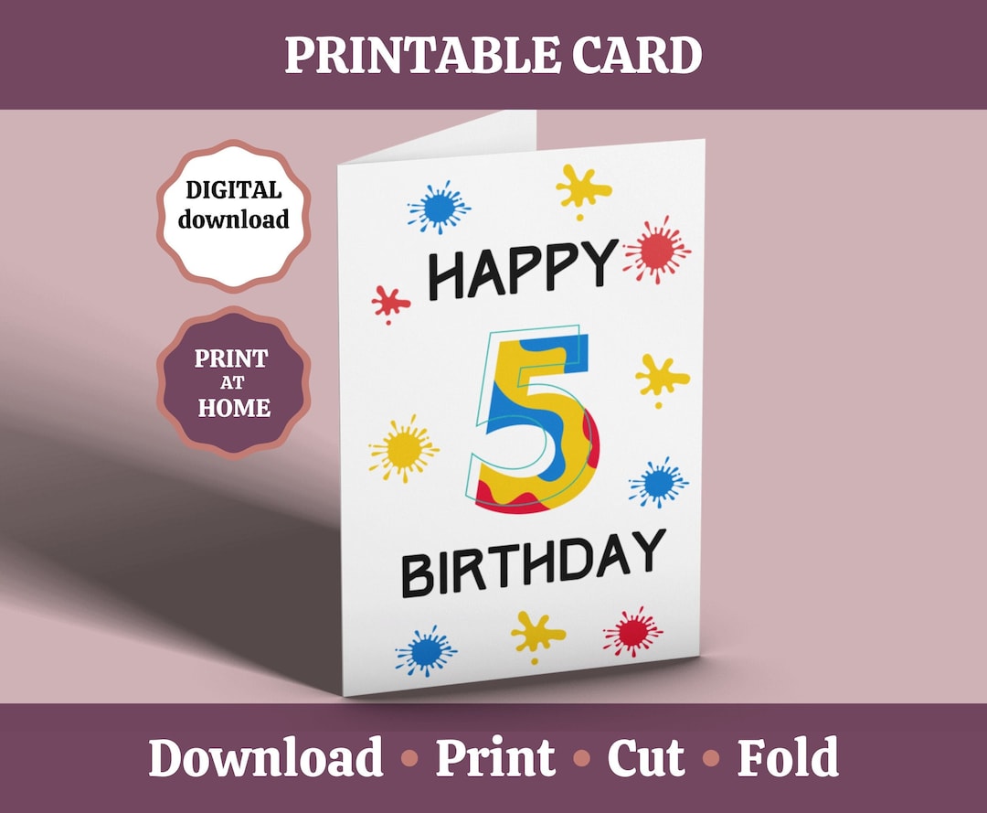5th Birthday Card, Printable Happy 5th Birthday Card, 5 Year Old ...