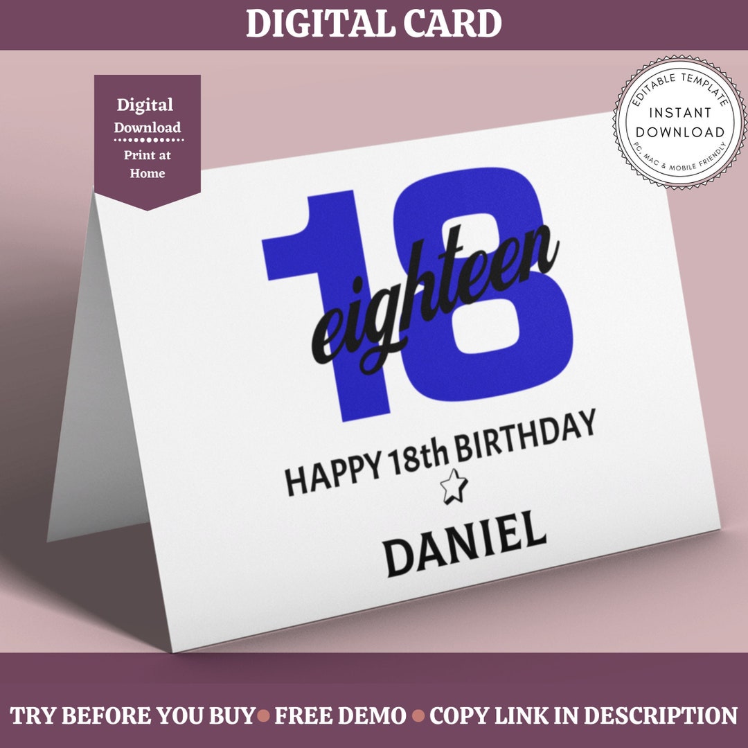 Editable 18th Birthday Card Printable 18 Year Old Card for - Etsy