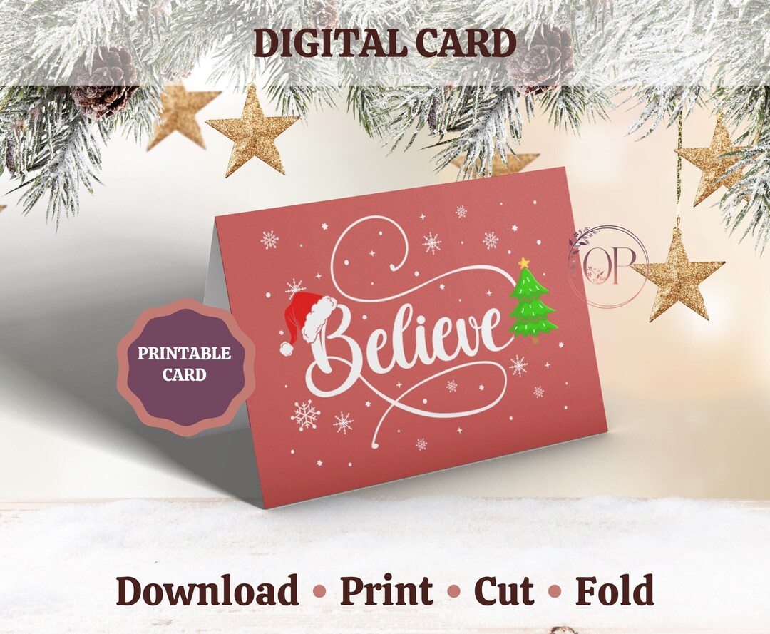 Believe Christmas Card Printable Holiday Card Festive Card Etsy