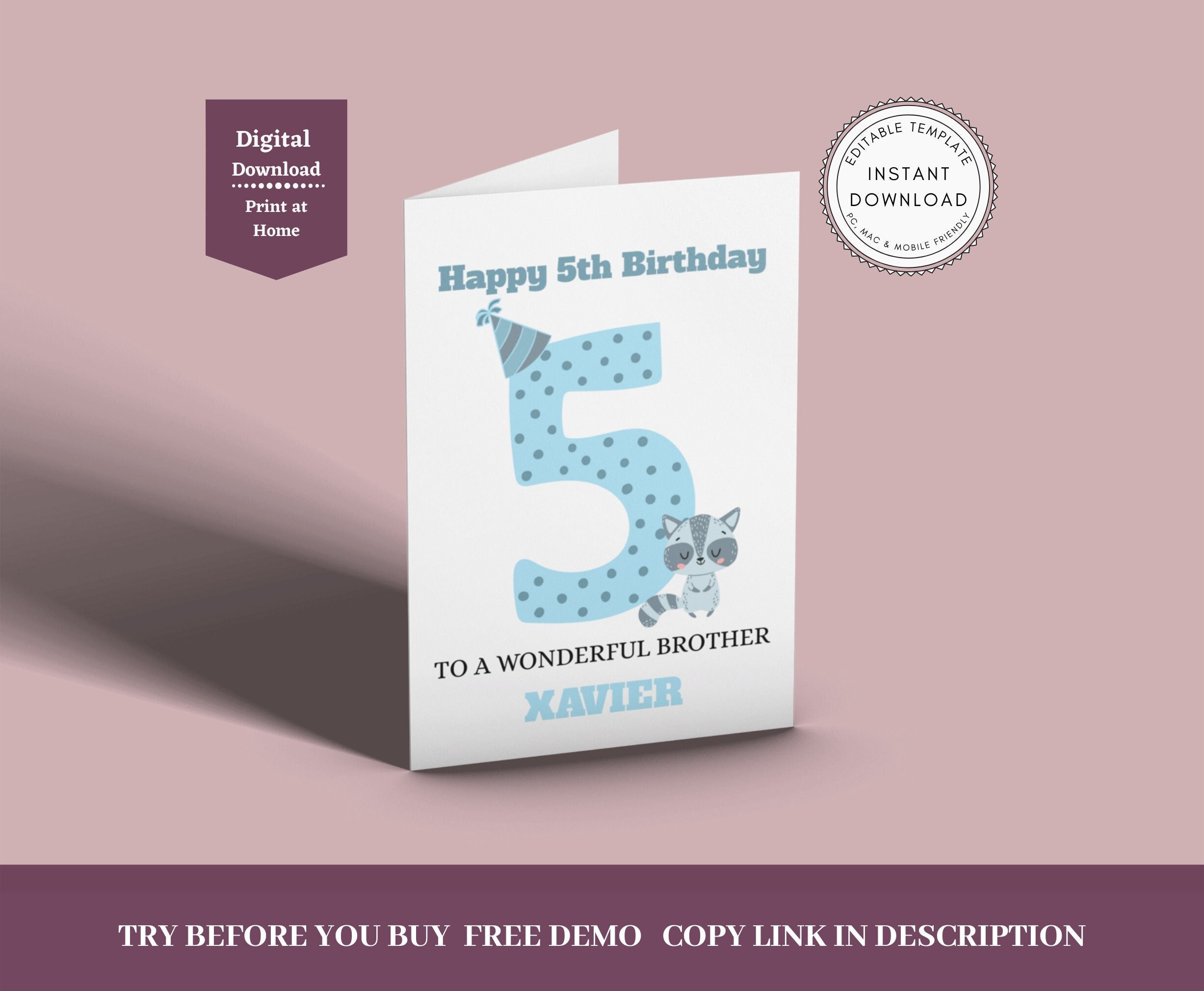 5th Birthday Card, Printable Personalised Birthday Card,card for 5 Year ...