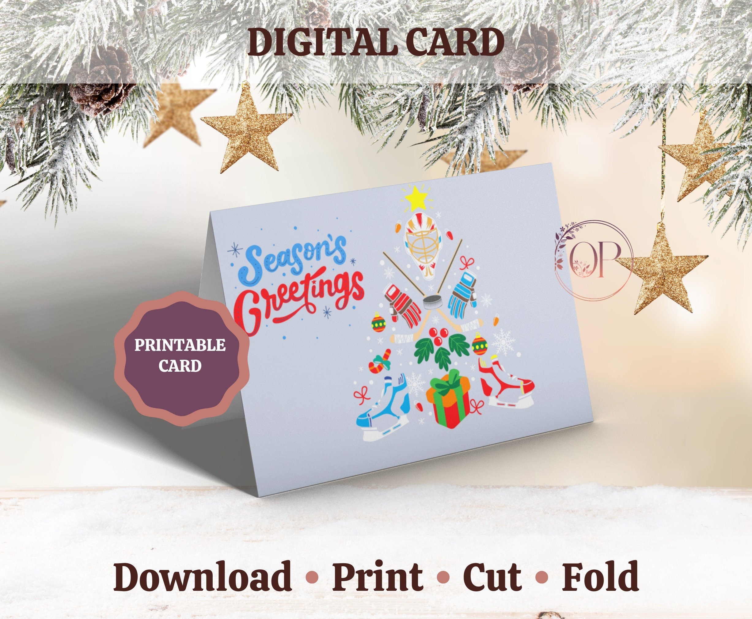 Hockey Christmas Card, Printable Season's Greetings Holiday Card ...