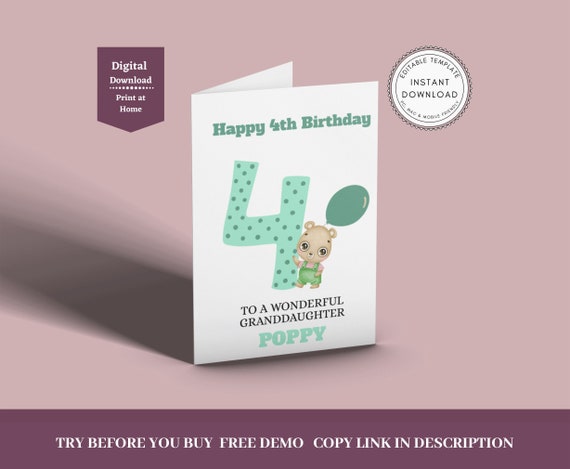 4th Birthday Card Printable Personalised Fourth Birthday | Etsy