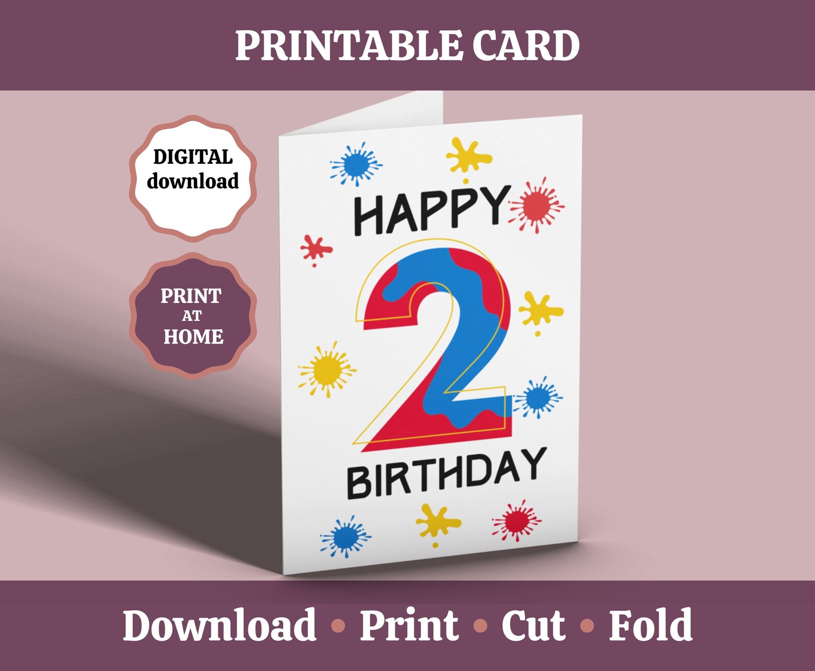 2nd Birthday Card, Printable Happy 2nd Birthday Card, 2 Year Old