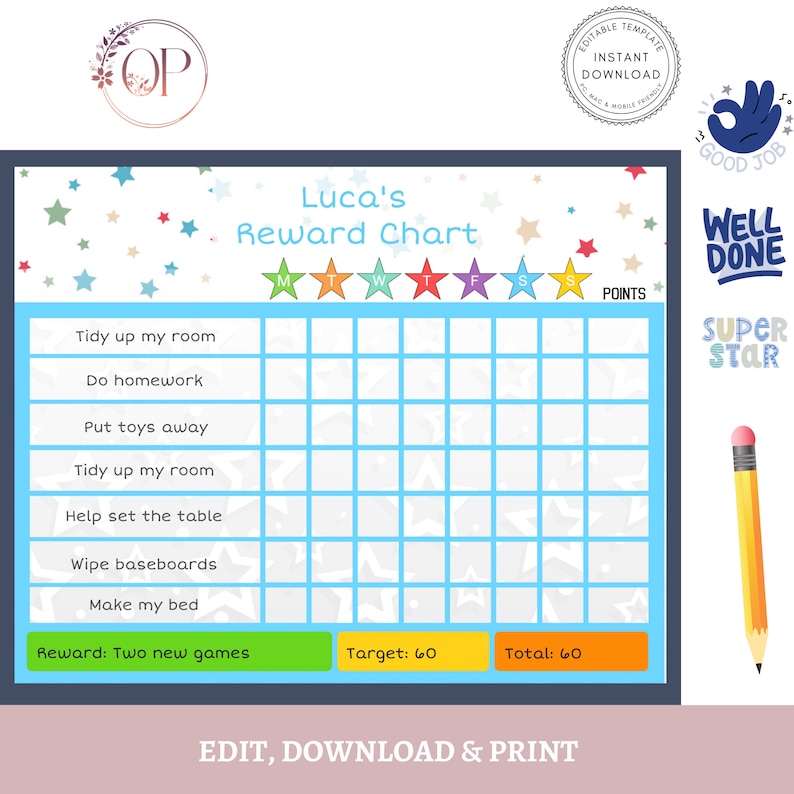Reward Chart Printable for Boys Kids Toddlers Editable | Etsy