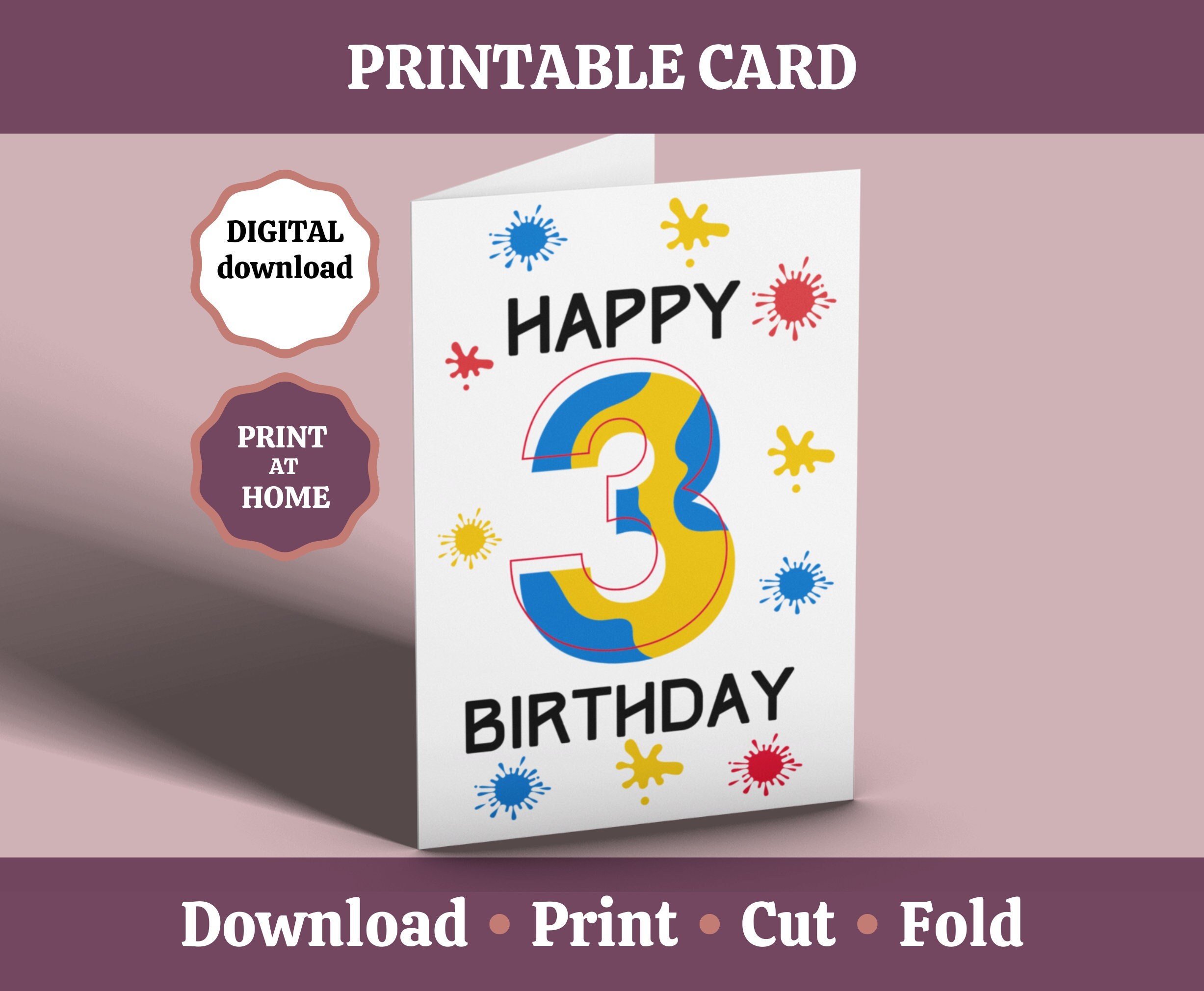 3rd Birthday Card Printable Happy 3rd Birthday Card 3 Year - Etsy