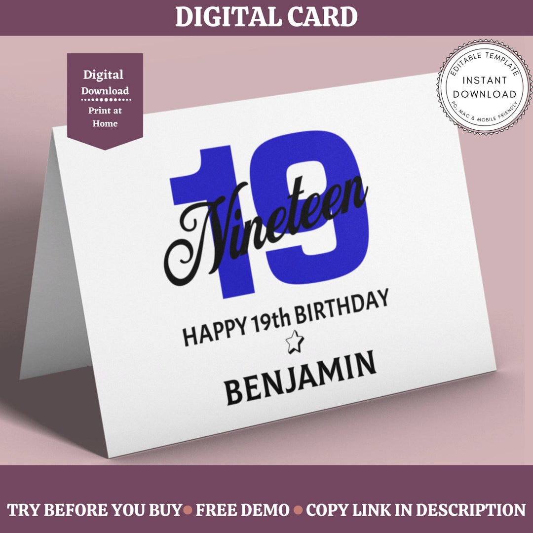 Editable 19th Birthday Card Printable 19 Year Old Card for - Etsy