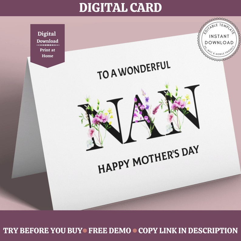 Editable Nan Mothers Day Card, Happy Mother's Day Card, Nan Card, Card ...