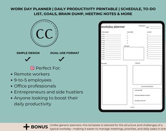 Work Day Planner: Productivity Printable with Schedule (Digital Download)
