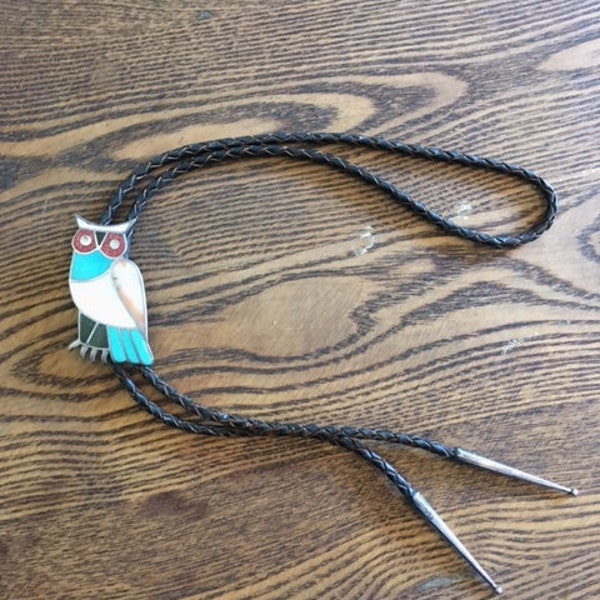 Vintage Silver and Turquoise Inlaid Zuni Owl Bolo Native American