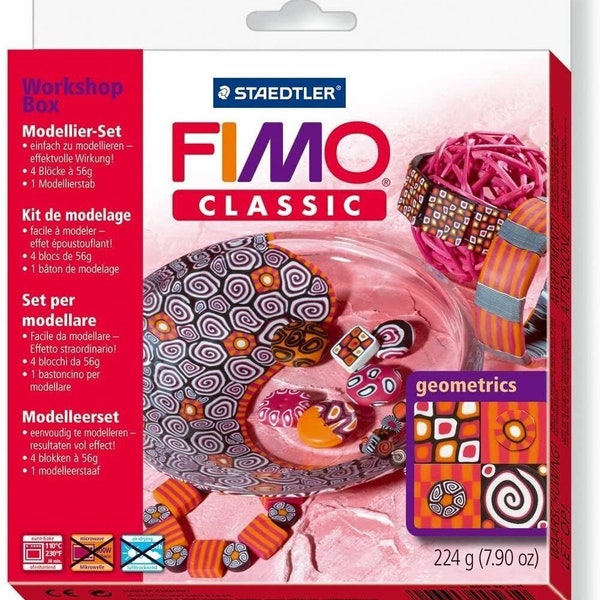 FIMO Classic Workshop Box Oven Modelling Polymer Clay - Geometrics - Assorted Colours, 4 x 56g