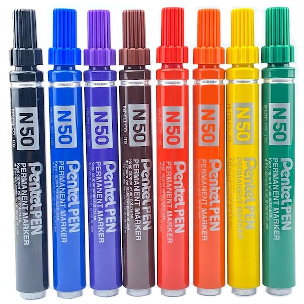 Pentel N50 Permanent Marker pen - 4.3mm Bullet point tip | in 8 Assorted Colours | Write of Any Surface | Classroom School Office