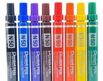 Pentel N50 Permanent Marker pen - 4.3mm Bullet point tip | in 8 Assorted Colours | Write of Any Surface | Classroom School Office