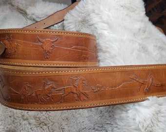 Brown Leather Native American Carved Guitar Strap