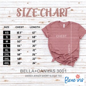 Puede incluir: Tabla de tallas para una camiseta de manga corta de jersey unisex Bella + Canvas 3001. La tabla muestra las medidas de pecho y longitud en pulgadas para las tallas XS a 4XL.