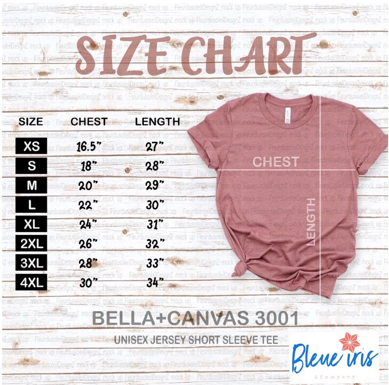 Puede incluir: Tabla de tallas para una camiseta de manga corta de jersey unisex Bella + Canvas 3001. La tabla muestra las medidas de pecho y longitud en pulgadas para las tallas XS a 4XL.