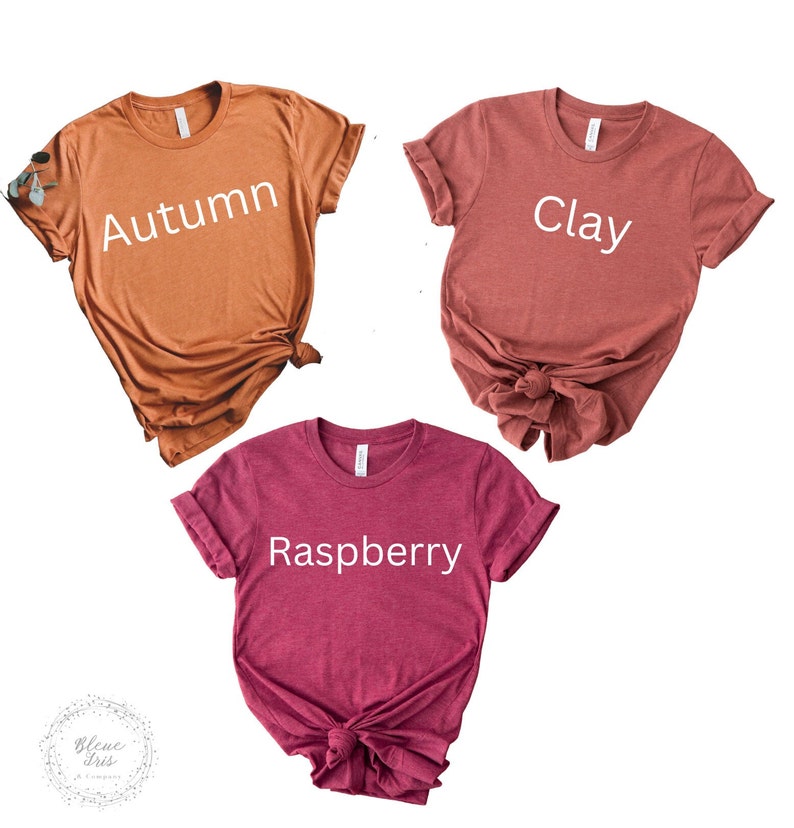 Puede incluir: Tres camisetas de diferentes colores con las palabras "Oto&ntilde;o", "Arcilla" y "Frambuesa" impresas en ellas.